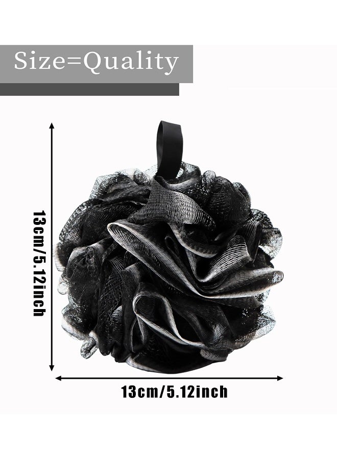 4 Pack Shower Mesh Ball Soft Pouf Body Scrubber, Exfoliate, Cleanse, Soothe Skin, Black Loofah with White Trim - Image 2